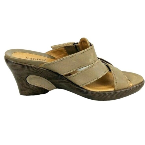 Sanita Wedge Slide Sandals  Women's Size EUR 41 / US 10.5  Heels Taupe Leather - Picture 3 of 9